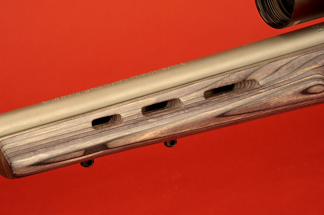 The forearm on this gun is wide for easy resting in the field. There are finger grips on each side, the stock is ventilated to allow air to circulate around the barrel and is fitted with twin sling swivels; one for the sling, one for a bipod.